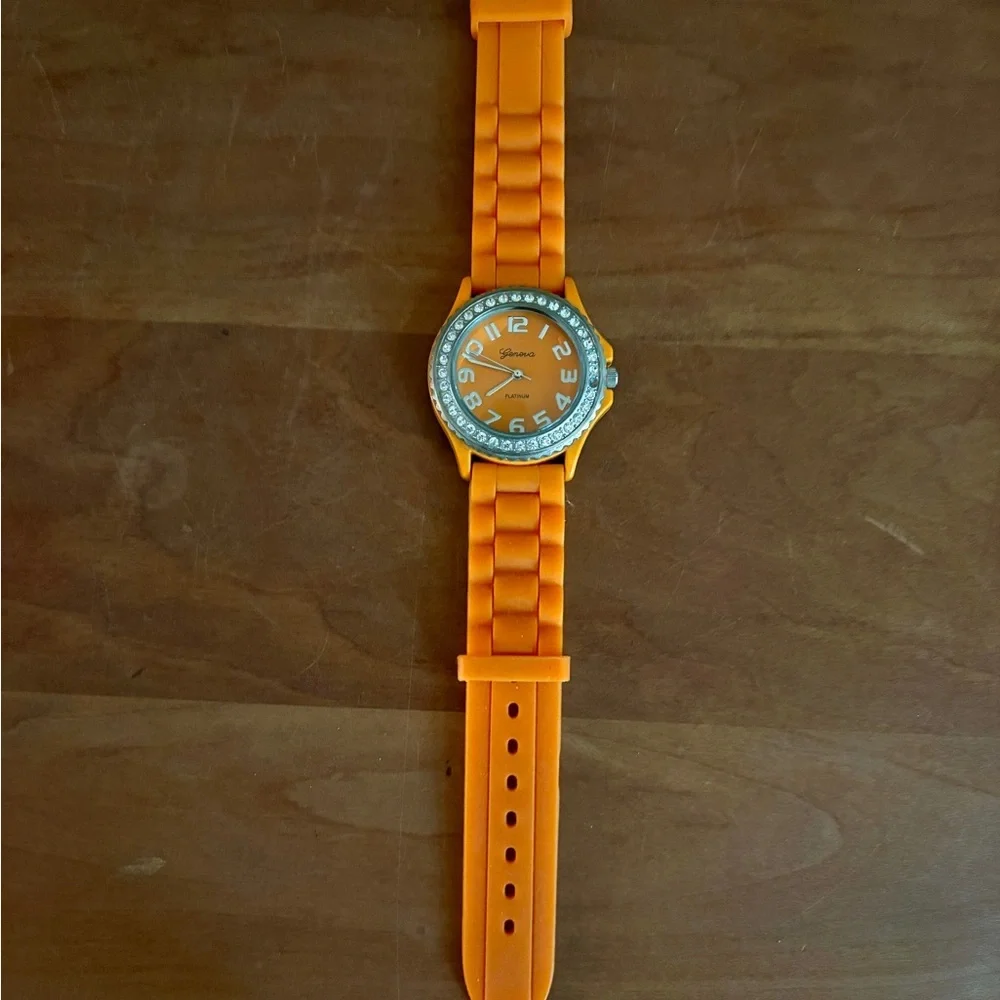 Geneva Platinum Orange Dial Crystal Bezel & Orange Rubber Band Watch
